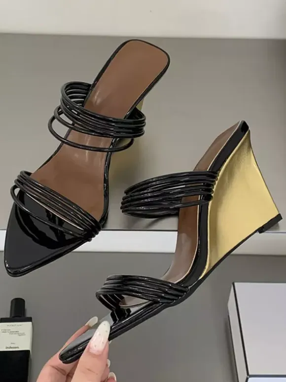 Gold Wedge Sandals Open Toe Strappy Wegde Sandal Shoes