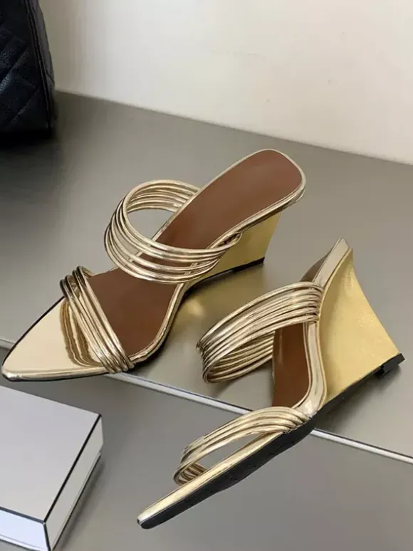 Gold Wedge Sandals Open Toe Strappy Wegde Sandal Shoes