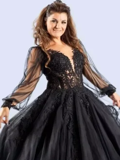 Gothic Black Wedding Dresses A-Line Long Sleeves Lace With Train Bridal Dress Free Customization