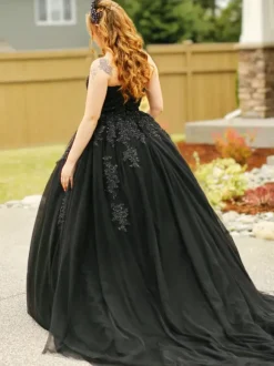 Gothic Black Wedding Dresses A-Line Sleeveless Backless Lace-Up With Train Bridal Dress Free Customization