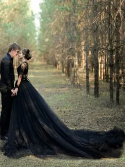 Gothic Black Wedding Dresses Tulle A-Line V-Neck Long Sleeves Backless Lace Royal Train Bridal Gown Free Customization