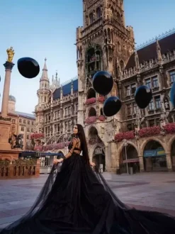 Gothic Black Wedding Dresses Tulle A-Line V-Neck Long Sleeves Backless Lace Royal Train Bridal Gown Free Customization