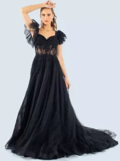 Gothic Black Wedding Dresses A-Line Short Sleeves Lace With Train Bridal Gown Free Customization