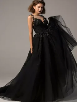 Gothic Black Wedding Dresses A-Line Sleeveless Lace Tulle Backless With Train Bridal Dress Free Customization