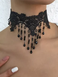Gothic Lace Choker Necklace Crystal Tassel Collar For Women