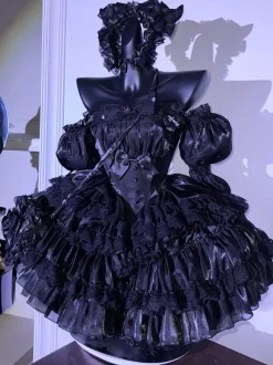 Gothic Lolita Black Strapless Dress Lace Detailed Puffy Princess Dress With Layered Tulle Dress
