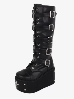 Gothic Lolita Boots PU Leather Metallic Grommets Rivets Round Toe Black Lolita Footwear