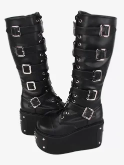Gothic Lolita Boots PU Leather Metallic Grommets Rivets Round Toe Black Lolita Footwear