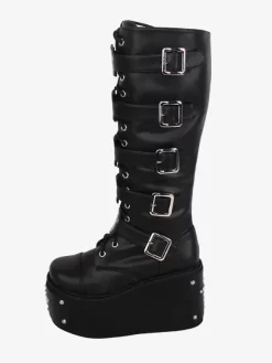 Gothic Lolita Boots PU Leather Metallic Grommets Rivets Round Toe Black Lolita Footwear