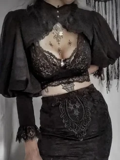Gothic Lolita Cover-ups Black Ruffles Top Lace Polyester Cover-Up Lolita Outwears