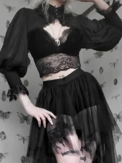 Gothic Lolita Cover-ups Black Ruffles Top Lace Polyester Cover-Up Lolita Outwears