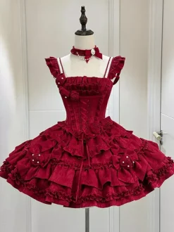 Gothic Lolita Dress Burgundy Jacquard with Flowers and Bows Kawaii Fashion