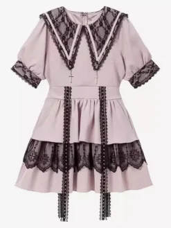 Gothic Lolita Dress Japanese Style Lace Splicing Mine Sailor Collar Slim Short Sleeve Sweet Dresses