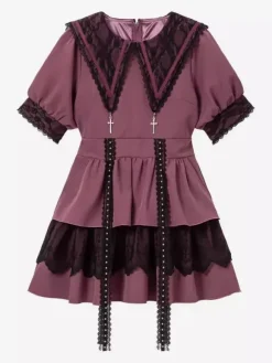 Gothic Lolita Dress Japanese Style Lace Splicing Mine Sailor Collar Slim Short Sleeve Sweet Dresses