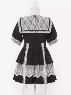 Gothic Lolita Dress Japanese Style Lace Splicing Mine Sailor Collar Slim Short Sleeve Sweet Dresses