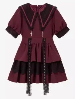 Gothic Lolita Dress Japanese Style Lace Splicing Mine Sailor Collar Slim Short Sleeve Sweet Dresses