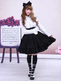 Gothic Lolita Dress SK Black High Waist Ruffles Cotton Lolita Skirt