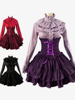 Gothic Lolita Dress SK Lavender High Waist Lace Up Ruffles Lolita Skirt