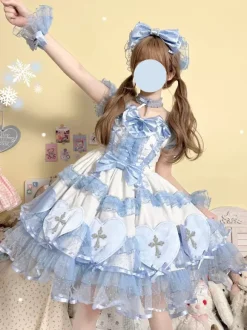 Gothic Lolita Dresses Bows Pearls Color Block Pink Light Sky Blue