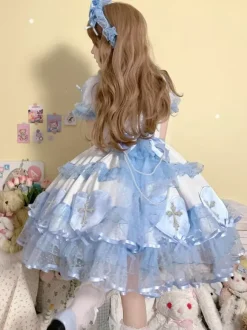 Gothic Lolita Dresses Bows Pearls Color Block Pink Light Sky Blue