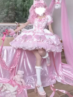 Gothic Lolita Dresses Bows Pearls Color Block Pink Light Sky Blue