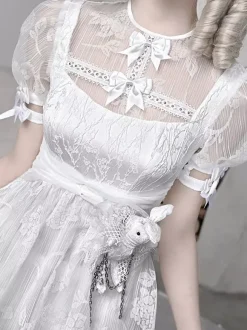 Gothic Lolita Dresses Bow Ruffles Lace White Dress