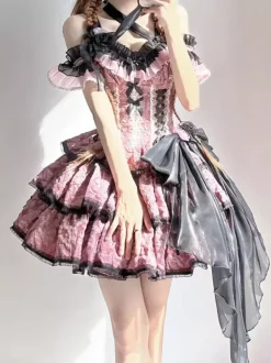 Gothic Lolita Dresses Flowers Ruffles Floral Print Pink Pink