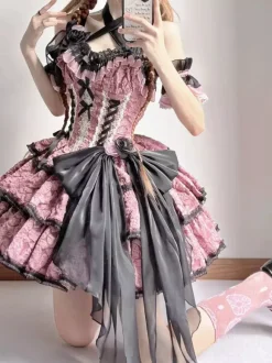 Gothic Lolita Dresses Flowers Ruffles Floral Print Pink Pink
