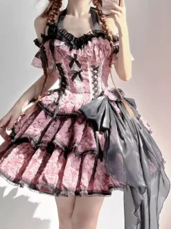 Gothic Lolita Dresses Flowers Ruffles Floral Print Pink Pink