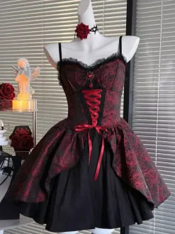 Gothic Lolita Dresses Lace Up Red And Black Long Sleeves Off-Shoulder Corset JSK With Lace Bolero