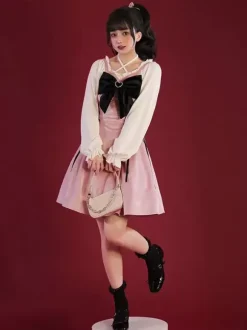 Gothic Lolita Dresses Lace Up Bows Black Pink