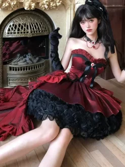 Gothic Lolita Dresses Red Black Sweetheart Strapless Ruffles Bows Short Lolita Dress