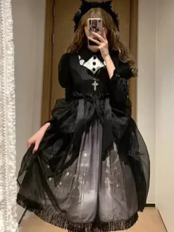Gothic Lolita Dresses Ruffles Bows Floral Print Black Black