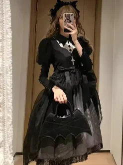 Gothic Lolita Dresses Ruffles Bows Floral Print Black Black