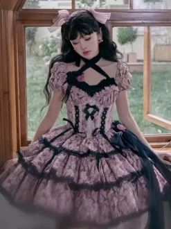 Gothic Lolita Dresses Ruffles Bows Floral Print Pink Pink