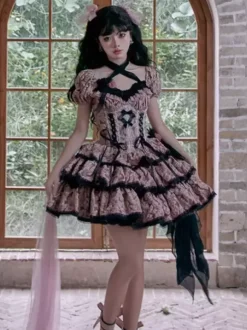 Gothic Lolita Dresses Ruffles Bows Floral Print Pink Pink