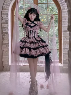 Gothic Lolita Dresses Ruffles Bows Floral Print Pink Pink