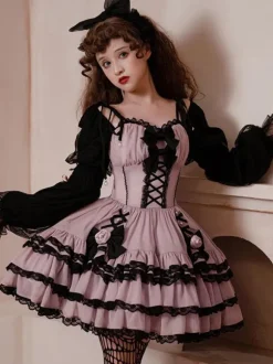 Gothic Lolita Dresses Ruffles Flowers Spicy Girl's Cute Lantern Sleeve Princess Dress