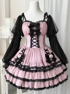 Gothic Lolita Dresses Ruffles Flowers Spicy Girl's Cute Lantern Sleeve Princess Dress