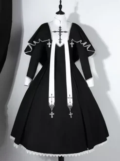 Gothic Lolita Dresses Ruffles Cross Color Block Black Black