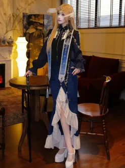 Gothic Lolita Dresses Ruffles Dark Navy Elegant Victorian Astrologer Top Capelet Mermaid Skirt Two-piece Set