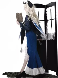 Gothic Lolita Dresses Ruffles Dark Navy Elegant Victorian Astrologer Top Capelet Mermaid Skirt Two-piece Set