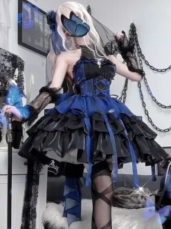 Gothic Lolita Dresses sleeveless Ruffles Layered puffy Dress Blue Black Butterfly Cosplay costumes