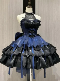 Gothic Lolita Dresses sleeveless Ruffles Layered puffy Dress Blue Black Butterfly Cosplay costumes