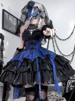 Gothic Lolita Dresses sleeveless Ruffles Layered puffy Dress Blue Black Butterfly Cosplay costumes