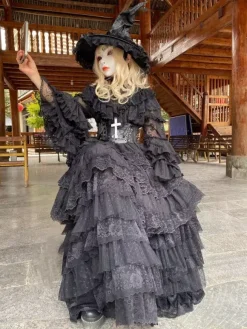 Gothic Lolita Fashion Costumes One Piece Ruffles Long Sleeves Long Lolita Dress