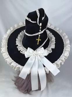 Gothic Lolita Hat Black Chains Bows Pearls Accessory Polyester Lolita Accessories