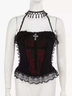 Gothic Lolita Lace Trim Camisole And Mesh Short Skirt Set Dark Series Halloween Cosplay Suit