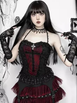 Gothic Lolita Lace Trim Camisole And Mesh Short Skirt Set Dark Series Halloween Cosplay Suit