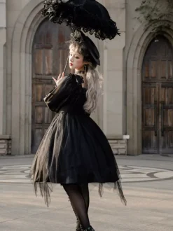 Gothic Lolita OP Dress Black Burgundy Ruffles Bows Open The Shoulder Long Sleeves Lolita One Piece Dress